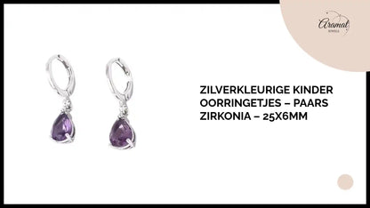 Zilverkleurige Kinder Oorringetjes &ndash; Paars Zirkonia &ndash; 25x6mm by@Outfy