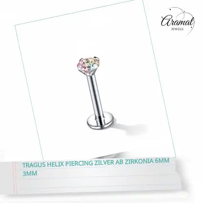 Tragus Helix Piercing Zilver AB Zirkonia 6mm 3mm by@Outfy
