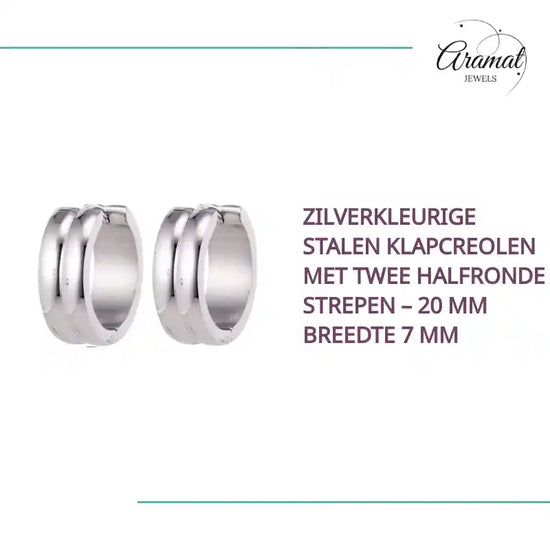 Zilverkleurige Stalen Klapcreolen met Twee Halfronde Strepen &ndash; 20 mm Breedte 7 mm by@Outfy