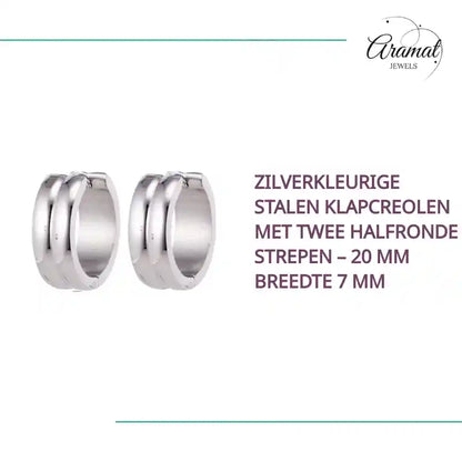Zilverkleurige Stalen Klapcreolen met Twee Halfronde Strepen &ndash; 20 mm Breedte 7 mm by@Outfy