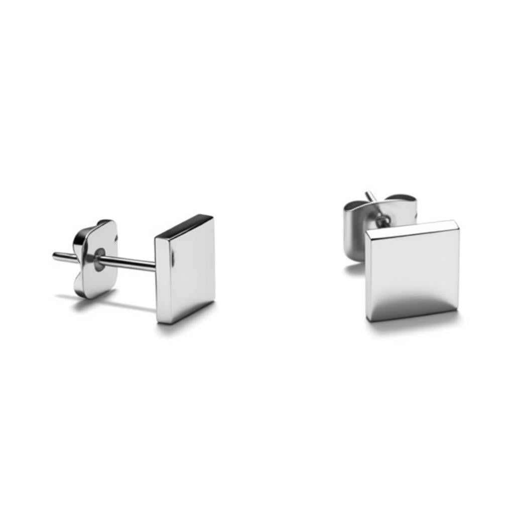 Stud Earrings – Steel Square Silver Colored (8mm)