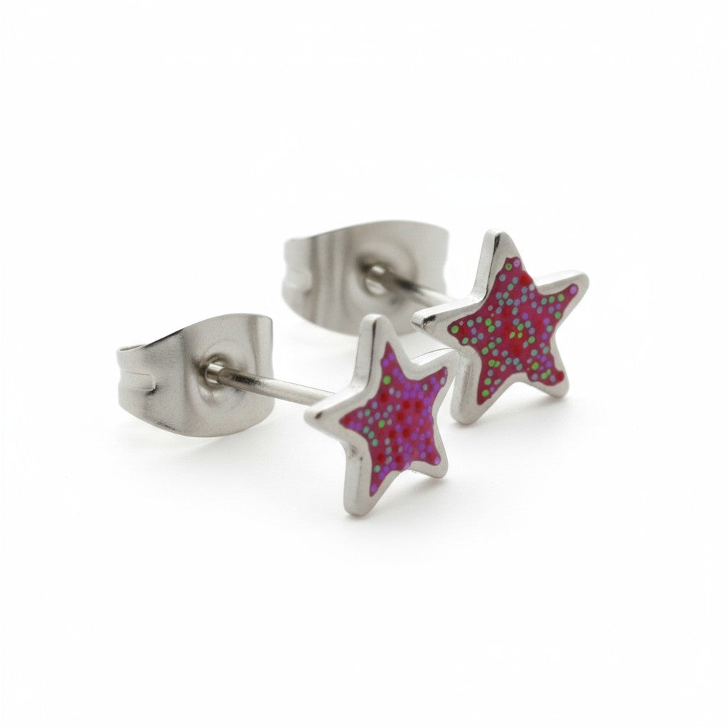 Steel enamel earrings star with glitter 