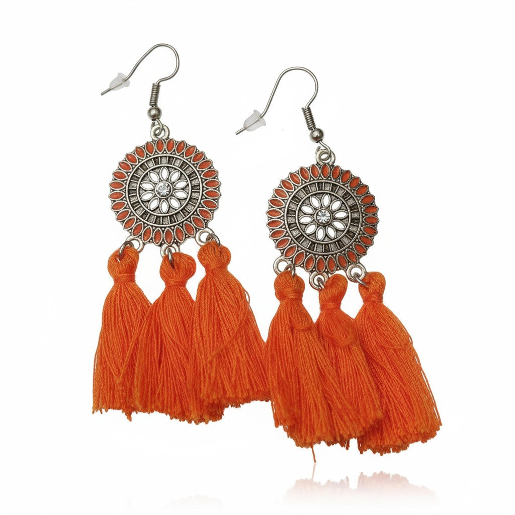 Boucles d'oreilles bohèmes d'été à pompons orange 75 mm
