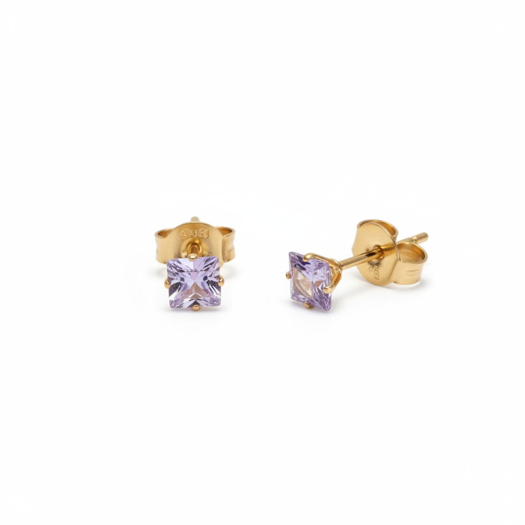 Earrings – Stainless Steel Gold Color with Purple Square Zirconia (5mm) 