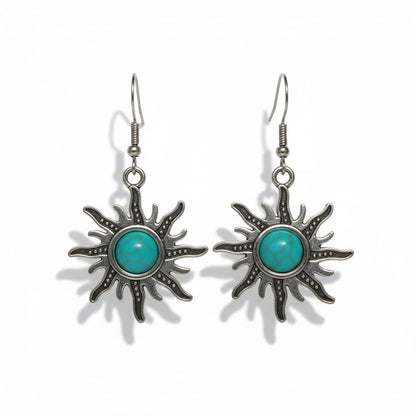 Boho oorhangers met turquoise steen zonvorm en antiek zilver, 45x23mm, lichtgewicht bohemian oorbellen voor dames