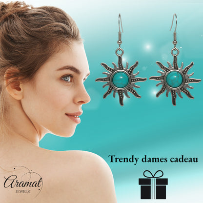 Boucles d'oreilles bohèmes turquoise en forme de soleil, argent antique