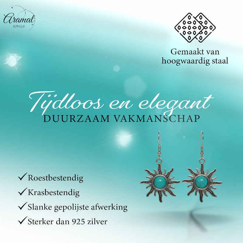 Boucles d'oreilles bohèmes turquoise en forme de soleil, argent antique