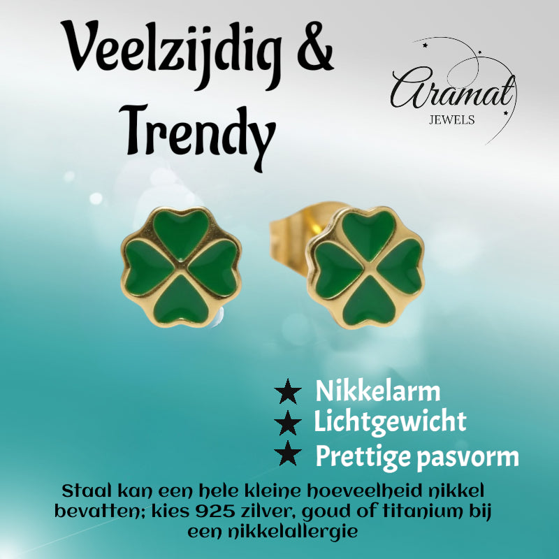 Gold-Colored Four-Leaf Clover Earrings with Enamel
