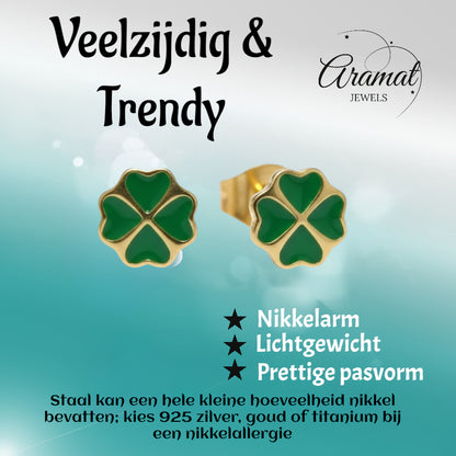 Gold-Colored Four-Leaf Clover Earrings with Enamel