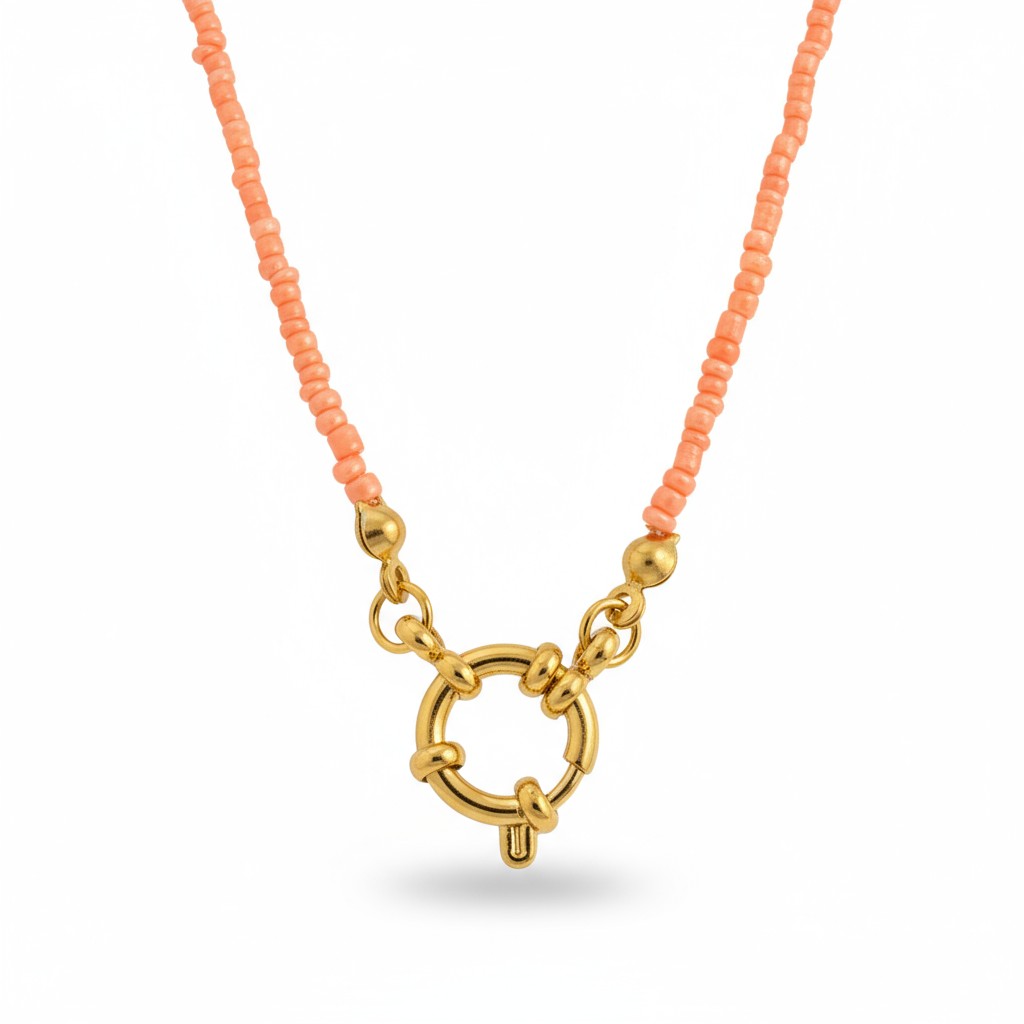 Salmon Pink Rocailles Charm Necklace with Clasp on the Front