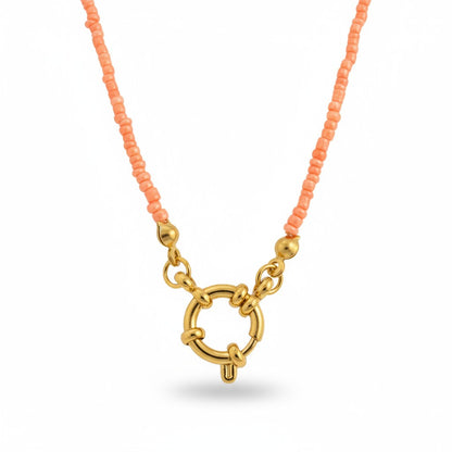 Salmon Pink Rocailles Charm Necklace with Clasp on the Front