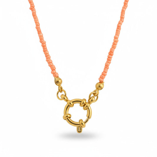 Salmon Pink Rocailles Charm Necklace with Clasp on the Front