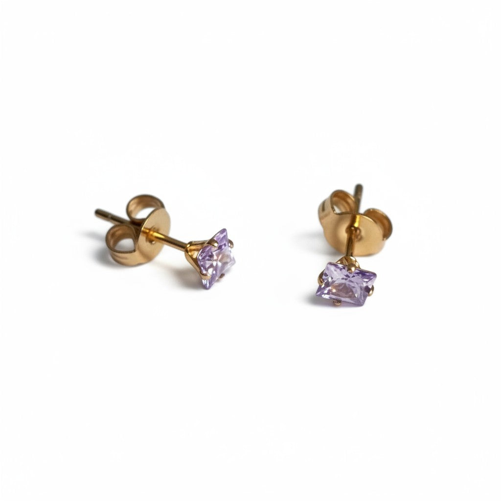 Earrings – Stainless Steel Gold Color with Lilac Square Zirconia (4mm) 