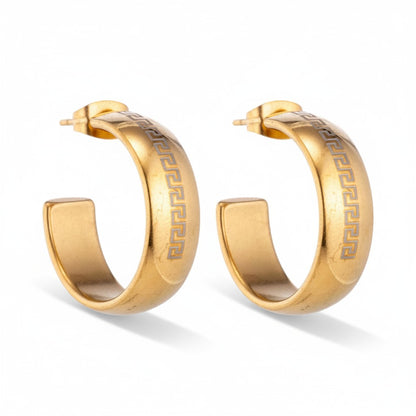 Earrings – 22mm Half-Hoop Greek Motif Stainless Steel Gold Color Lady 