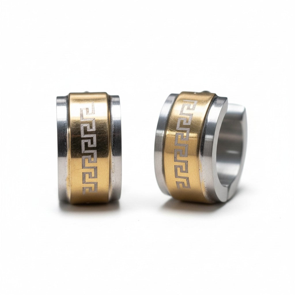 Earrings – 13mm Mini Creole Greek Motif Stainless Steel Bicolor Unisex