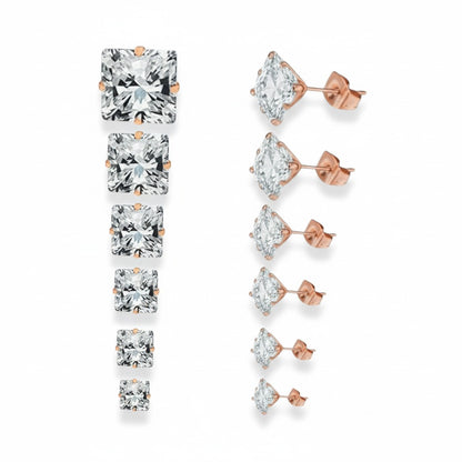 Earrings – Stainless Steel Rose Gold Color with Square Zirconia (3mm) 