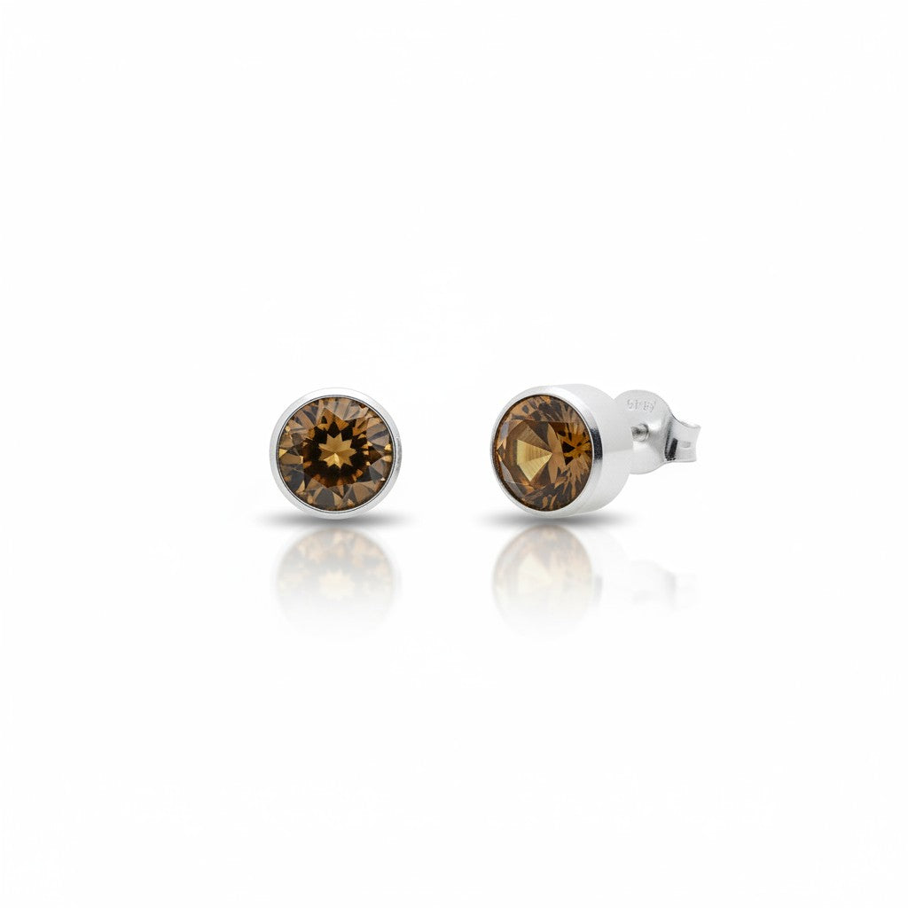Stud Earrings – Steel Crystal Brown Silver Color (8mm) 