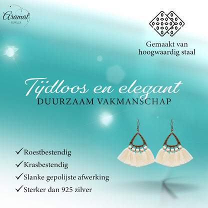 Boucles d'oreilles bohèmes à pompons crème 55x30mm