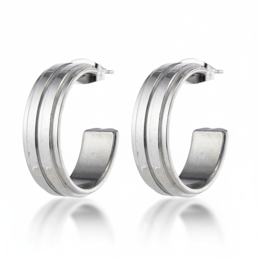 Earrings – 23mm Half-Hoop 2 Stripes Stainless Steel Silver Color Women 