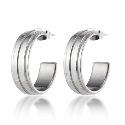 Earrings – 23mm Half-Hoop 2 Stripes Stainless Steel Silver Color Women 