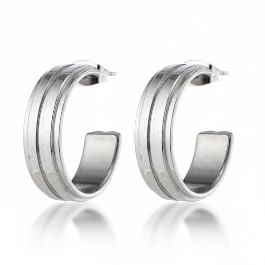 Earrings – 23mm Half-Hoop 2 Stripes Stainless Steel Silver Color Women 