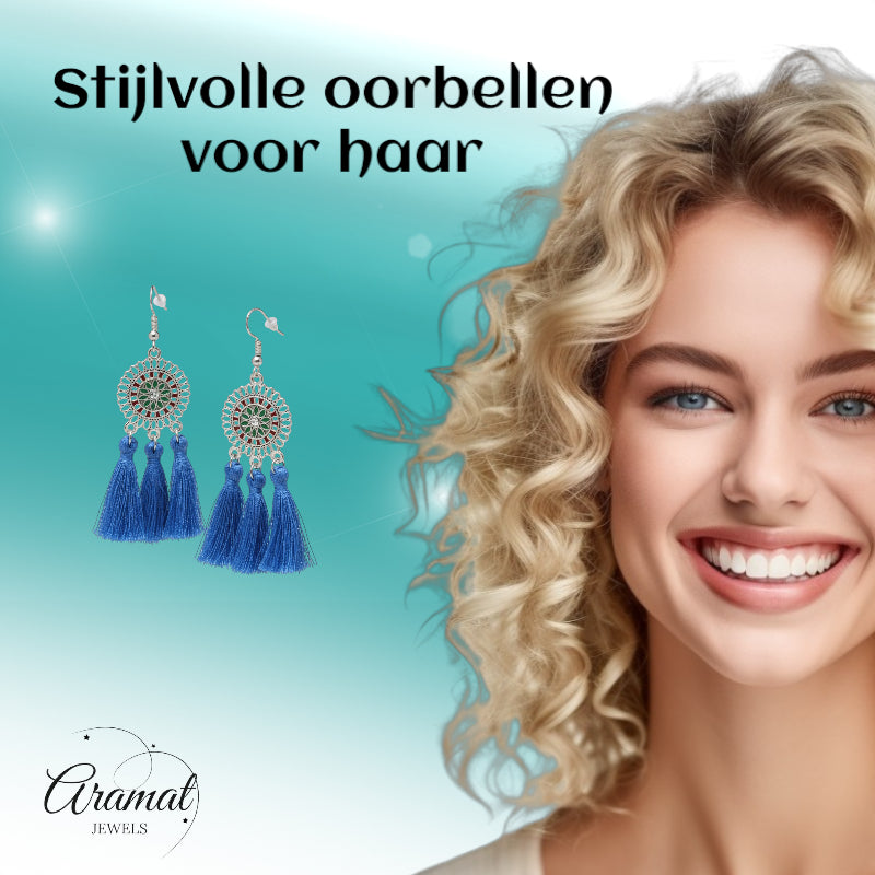 Boucles d'oreilles bohèmes d'été à pompons bleus 75 mm