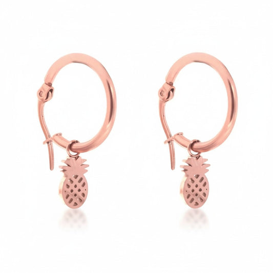 Earrings – 16mm Hoops with Pineapple Charm Stainless Steel Rose Color Women