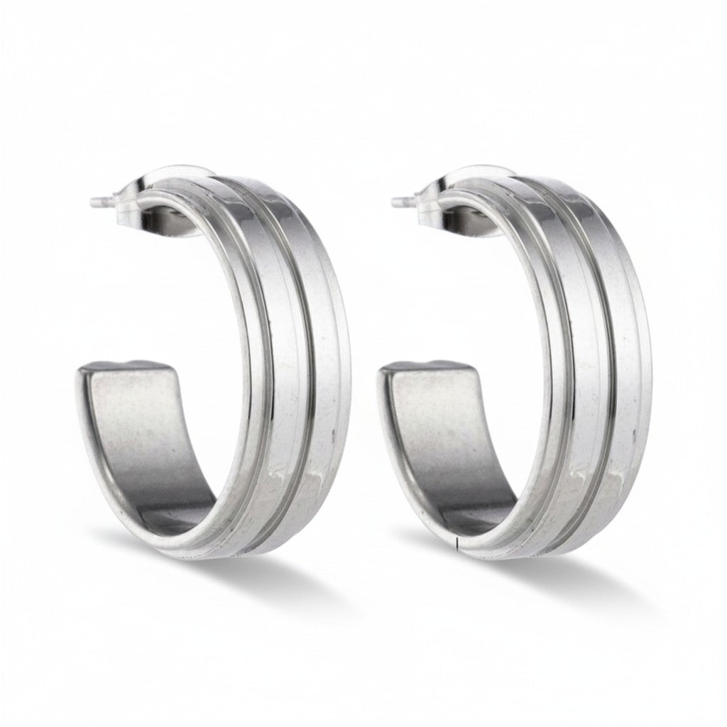 Earrings – 23mm Half-Hoop 2 Stripes Stainless Steel Silver Color Women 