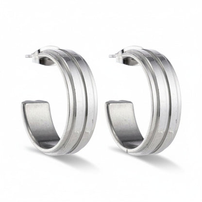 Earrings – 23mm Half-Hoop 2 Stripes Stainless Steel Silver Color Women 