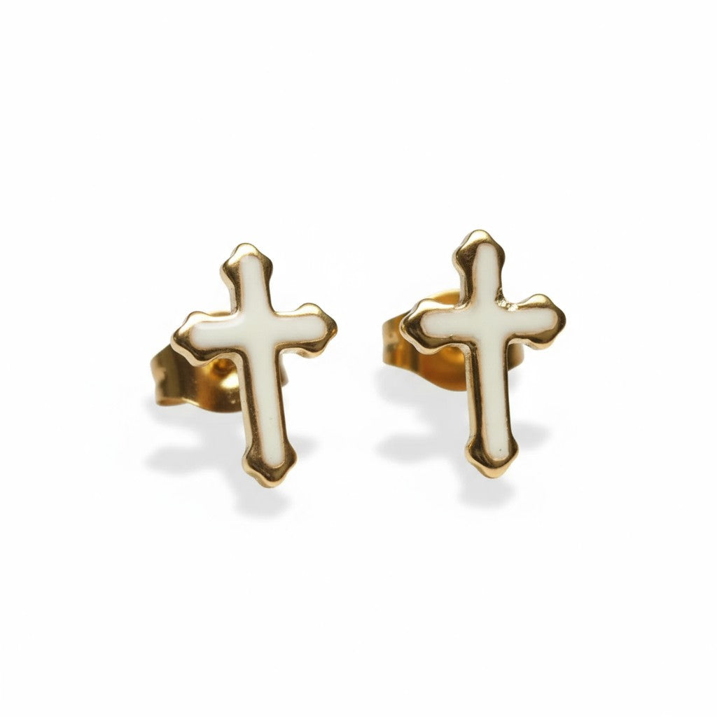 Boucles d'oreilles croix couleur or avec finition émaillée