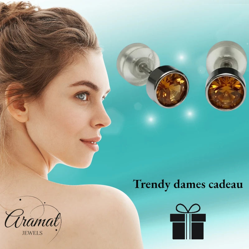 Boucles d'oreilles puces – Acier, cristal, topaze, couleur argent brun (5 mm) 
