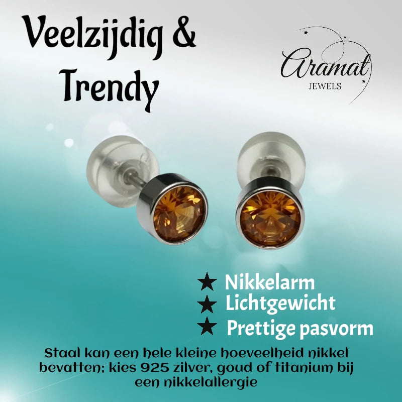 Boucles d'oreilles puces – Acier, cristal, topaze, couleur argent brun (5 mm) 