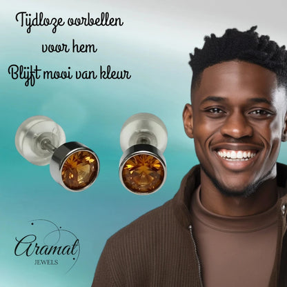 Boucles d'oreilles puces – Acier, cristal, topaze, couleur argent brun (5 mm) 