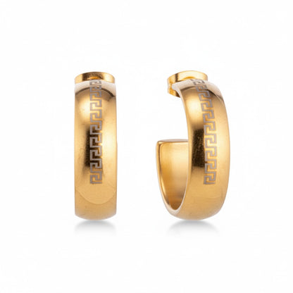 Earrings – 22mm Half-Hoop Greek Motif Stainless Steel Gold Color Lady 