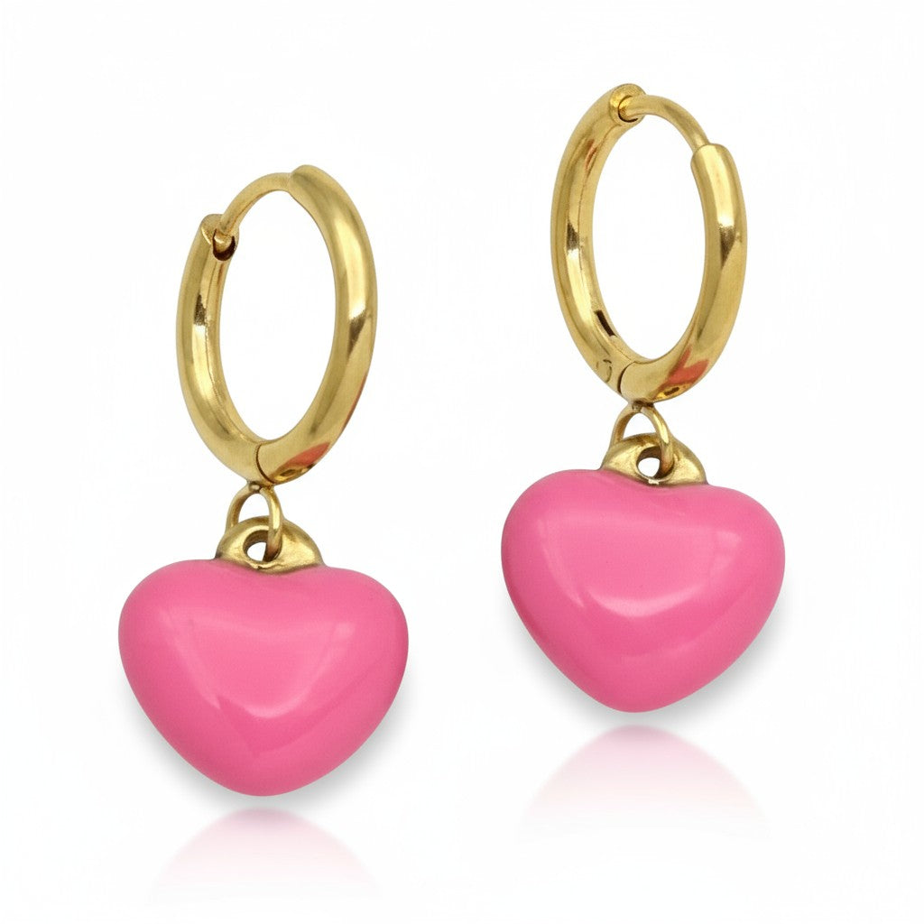 Gold-colored earrings with pink heart