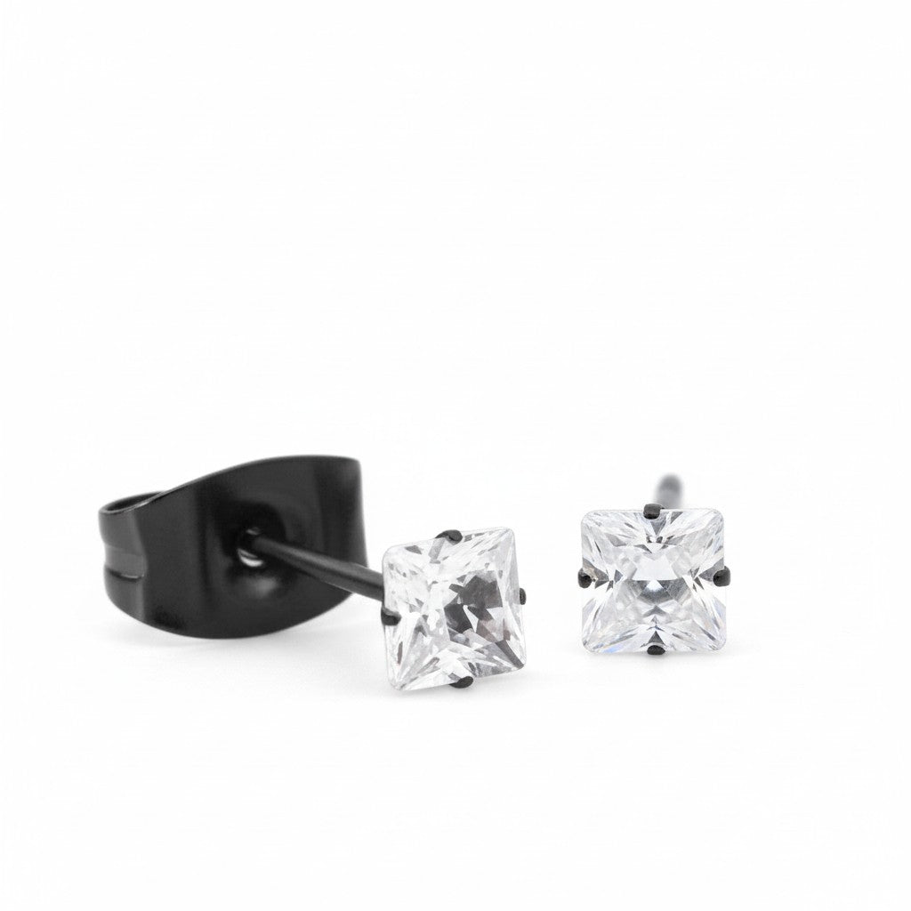 Earrings – Stainless Steel Black Color with Square Zirconia (3mm)