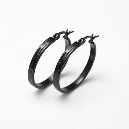 Zwarte RVS Oorringen met Grieks Motief - 25 mm