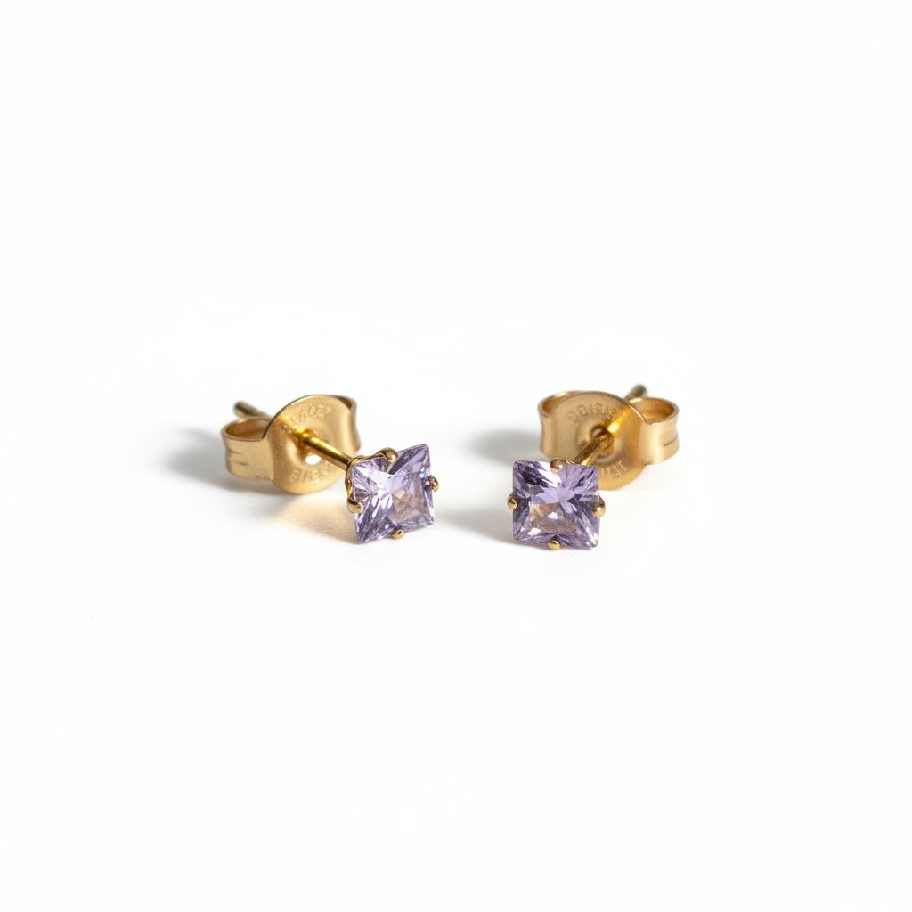 Earrings – Stainless Steel Gold Color with Lilac Square Zirconia (4mm) 