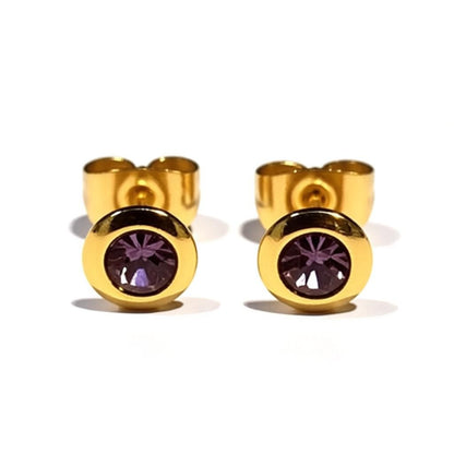 Earrings – Stainless Steel Gold-Colored with Light Purple Crystal (6mm) 