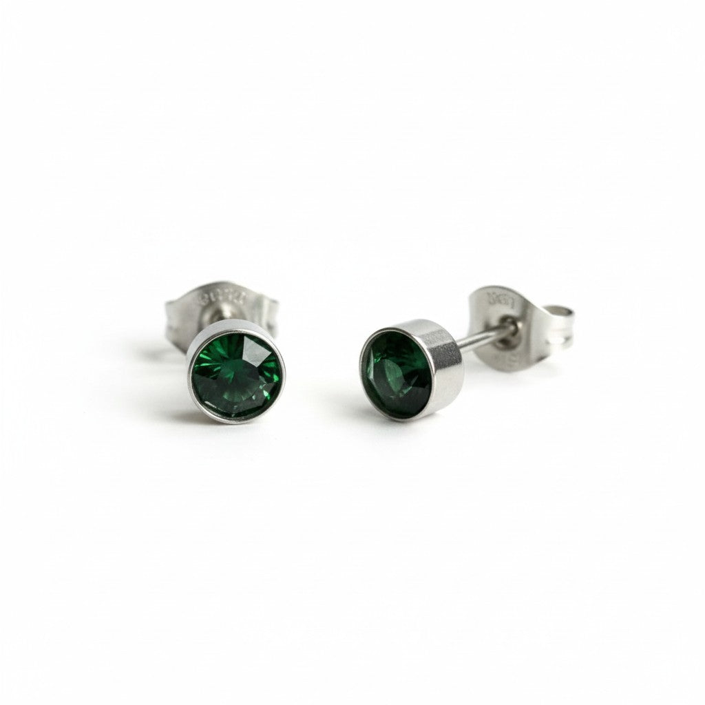 Boucles d'oreilles puces – Acier cristal vert argent (5 mm) 