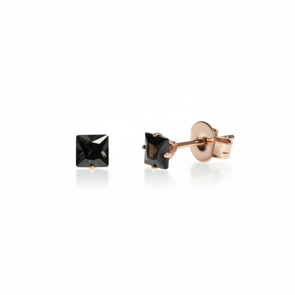 Earrings – Stainless Steel Rose Gold Color with Black Square Zirconia (4mm) 