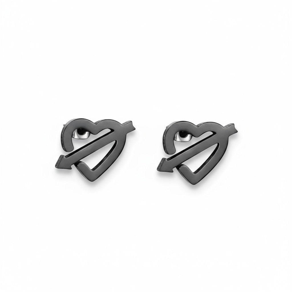 Stainless Steel Heart Arrow Earrings Black 9x8mm