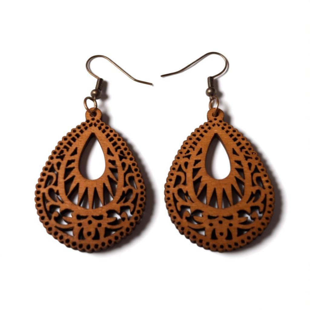 Earrings – Elegant Wooden Earrings Drop Shape Brown Elaborate Motif Women 