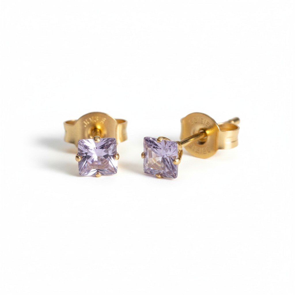 Earrings – Stainless Steel Gold Color with Lilac Square Zirconia (4mm) 