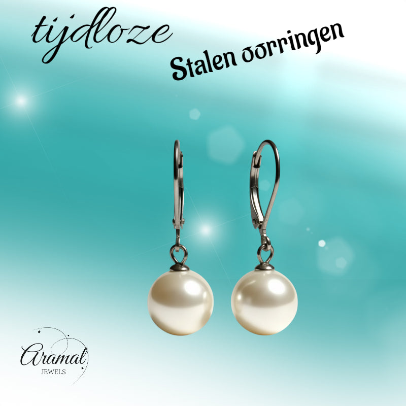 Boucles d'oreilles – Acier inoxydable avec perle blanche ronde (27 mm)