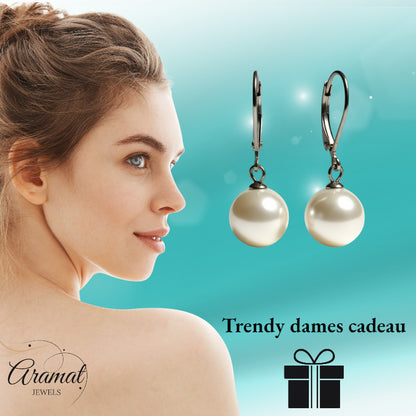 Boucles d'oreilles – Acier inoxydable avec perle blanche ronde (27 mm)