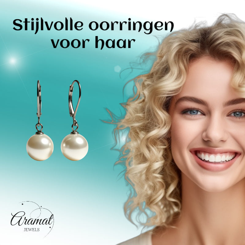 Boucles d'oreilles – Acier inoxydable avec perle blanche ronde (27 mm)