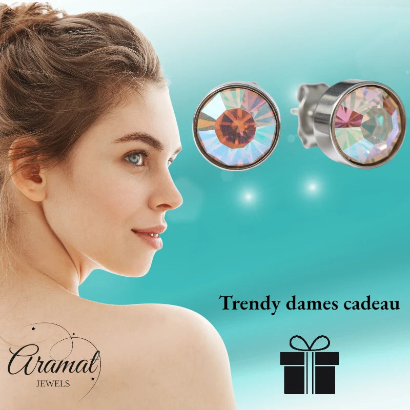 Stud Earrings – Steel Crystal AB Transparent Silver Color (8mm) 