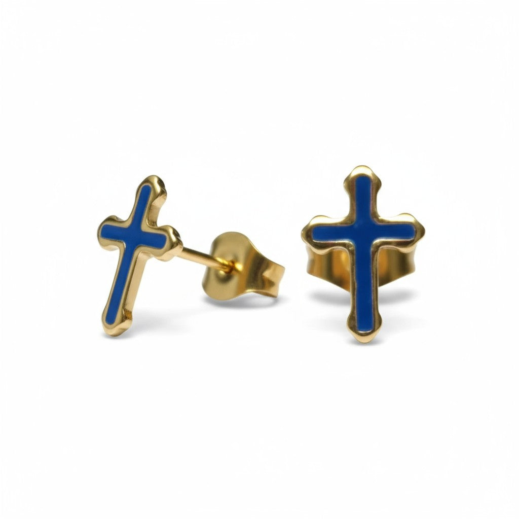 Boucles d'oreilles croix couleur or avec finition émaillée