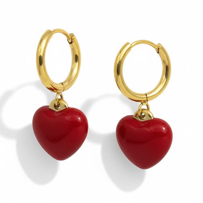 Gold-colored Huggie Earrings with Red Heart